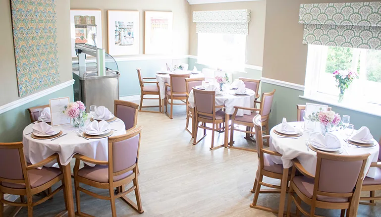 A dining room table set with plates, cups and cutlery.